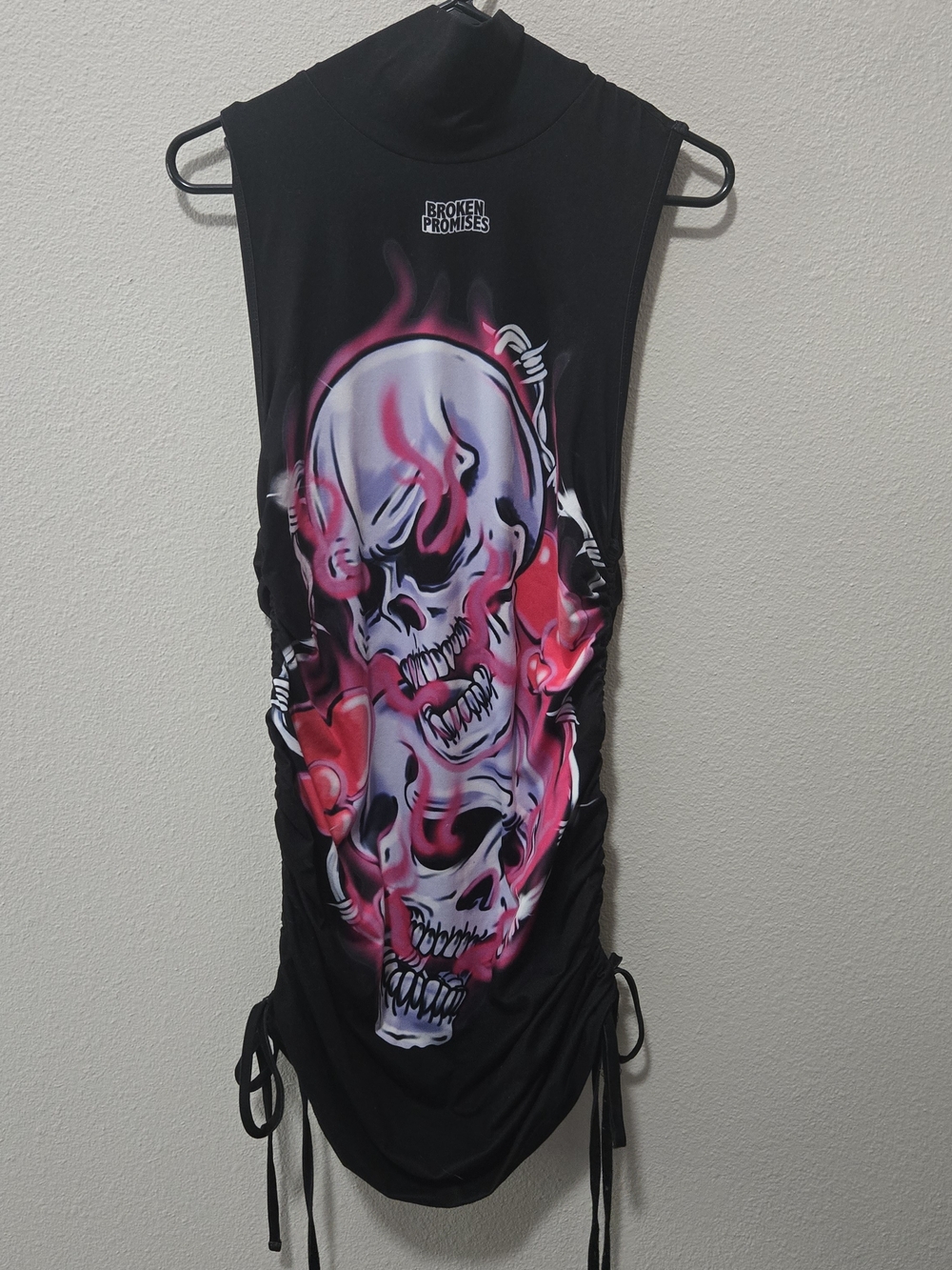 Broken Promises Black Mini Dress with Pink Skull Graphic